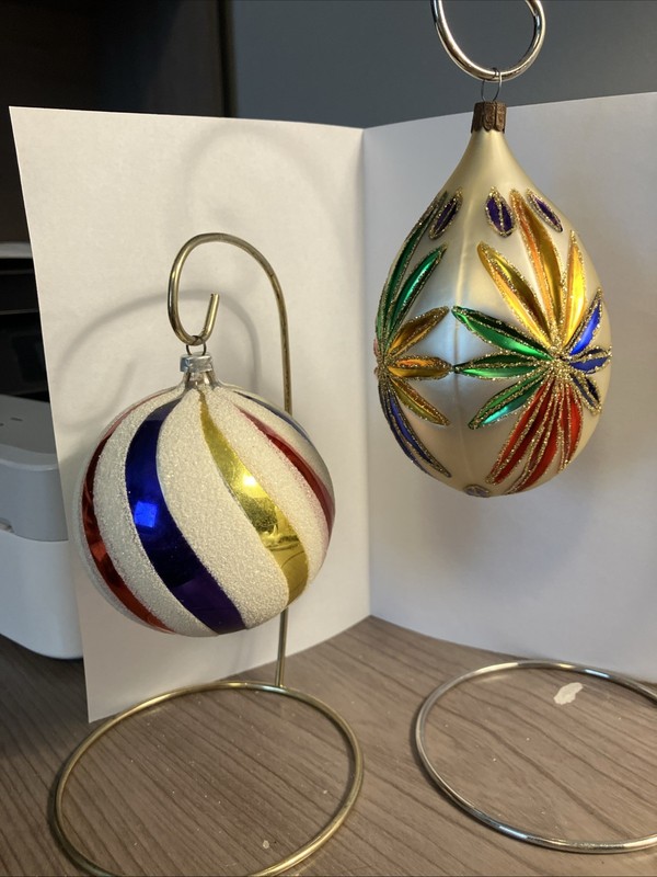 2 Vintage Glass Ornaments West Germany Swirl Stripes And Starburst Flower