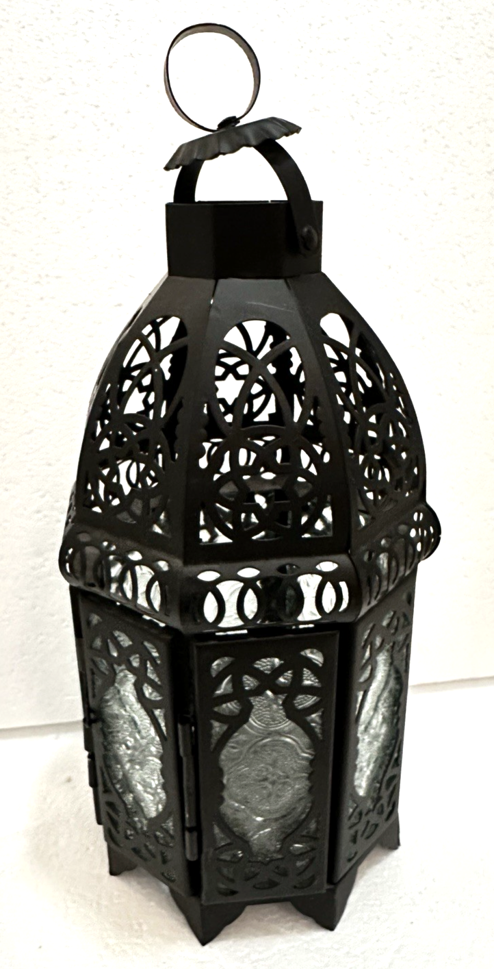 Black Lattice Iron Metal & Pressed Glass Moroccan Style Candle Holder Lamp 10”