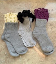 Crochet Lace Ruffle Womens Boot Ankle Socks Gray Set Size 5-9 Machine Washable