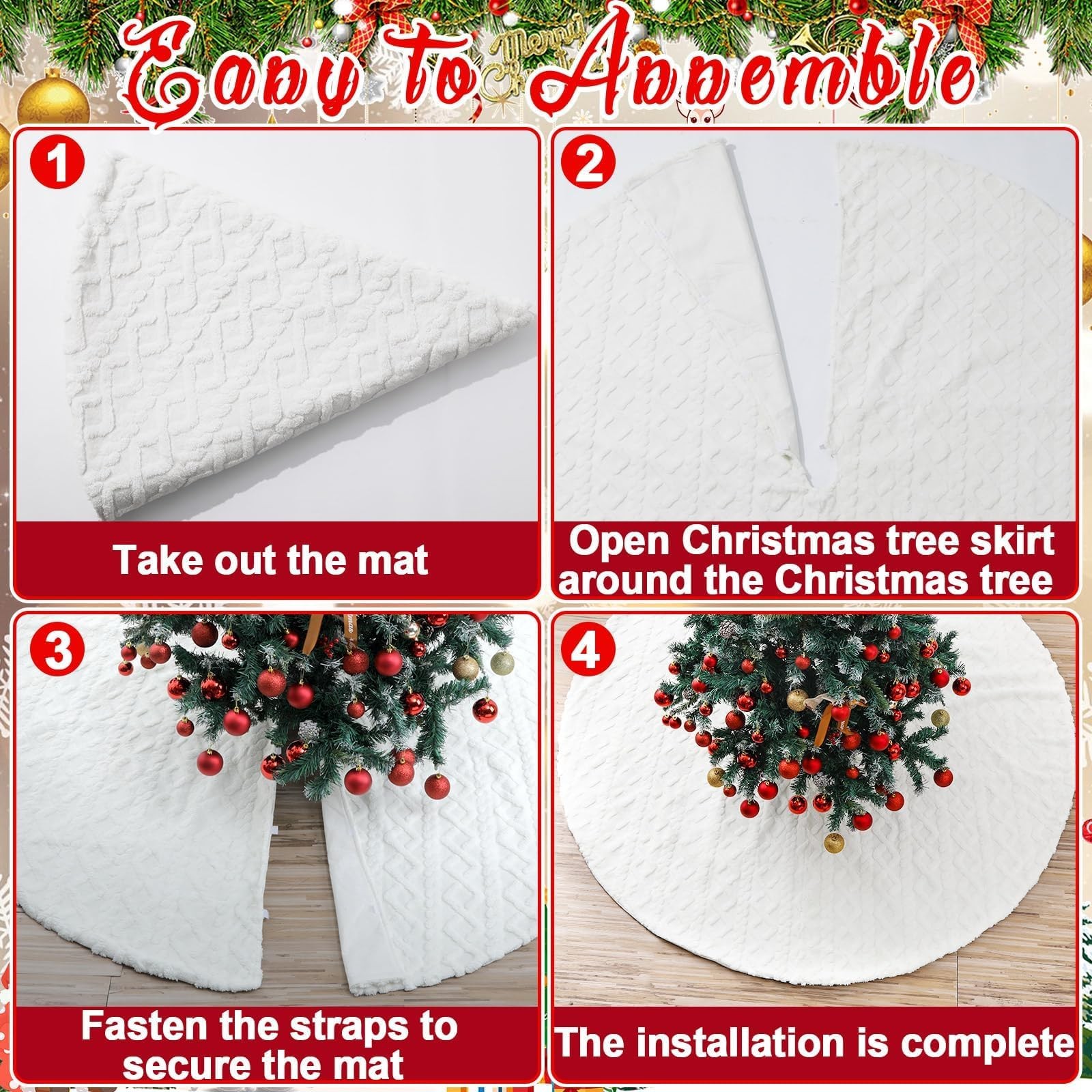 72 Inch Large Faux Fur Christmas Tree Skirt for 7.5ft to 12ft Tree Crossed Di...