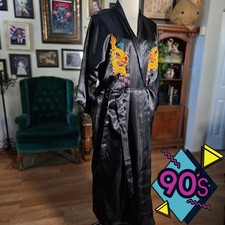 Vintage 90s Hong Yan Black Satin Dragon Embroidered Kimono Robe Long Belted