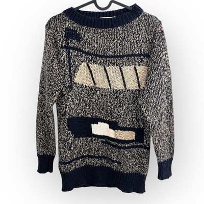 Vintage Laurel by Escada Linen Cotton Knit Navy cream print Jumper Sweater small