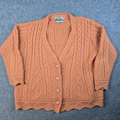Aran Crafts Cardigan Sweater Womens XL Orange Ireland Merino Wool Fisherman