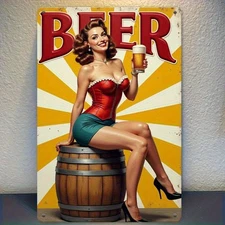 Vintage Beer Pin-Up with Sexy Woman Tin Metal Signs Home Décor 8x12 