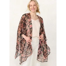 LC Lauren Conrad Sheer Kimono Elbow Sleeve Black Floral Print One Size