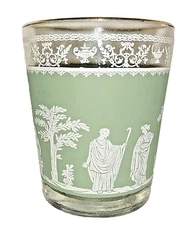 Hazel Atlas Glass Grecian Jeanette Wedgewood Small Juice Glass Green White