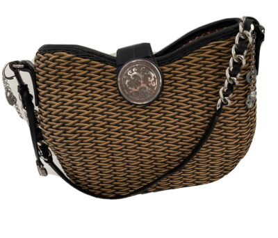 Brighton Woven black tan handbag with black leather trim