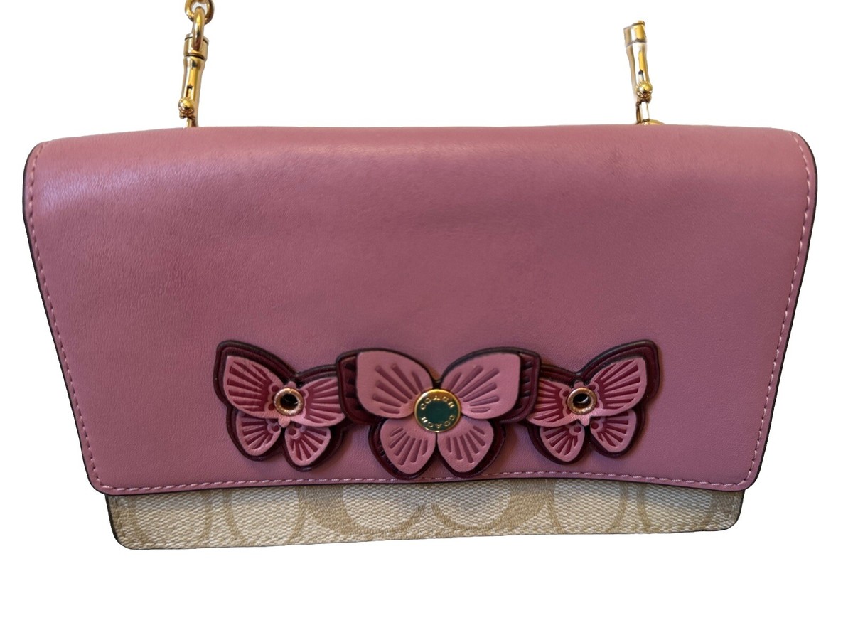Coach Pink Butterfly Appliqué Cross Body Purse Bag Chain 7 Coach Pink Butterfly Appliqué Cross Body Purse Bag Chain 7