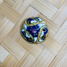 Small Victorian Enamel Button Rose Flower Scrolled Design Edge Gold Blue
