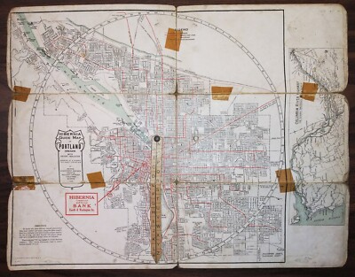 Antique GUIDE MAP, PORTLAND OREGON Hibernia Bank 1920 travel history advertising