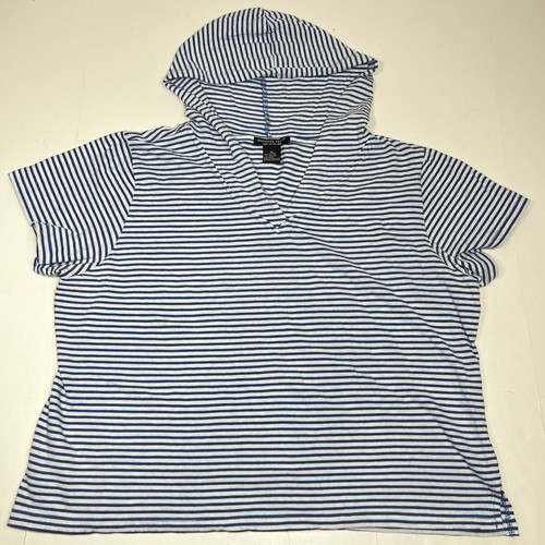 Reference Point Women Blue & White Crop Striped Short Sleeve Hoodie Top Size XL - Picture 4 of 11