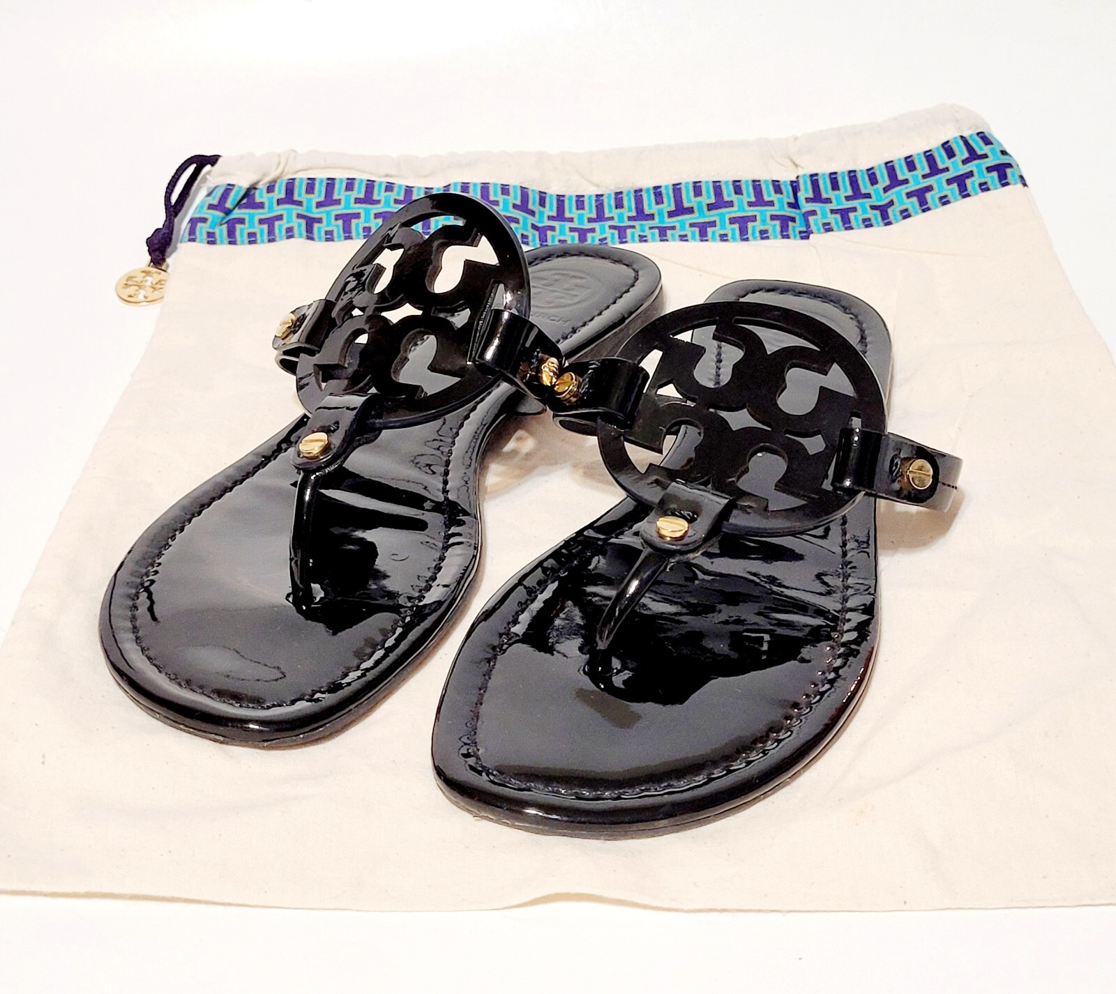 Tory Burch Miller Sandals Logo Black Patent Leather Thong FlipFlop Flats Wms 10M thumbnail 2