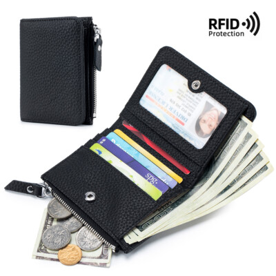 Women Small Slim Genuine Leather Bifold Zip Wallet Credit Card
