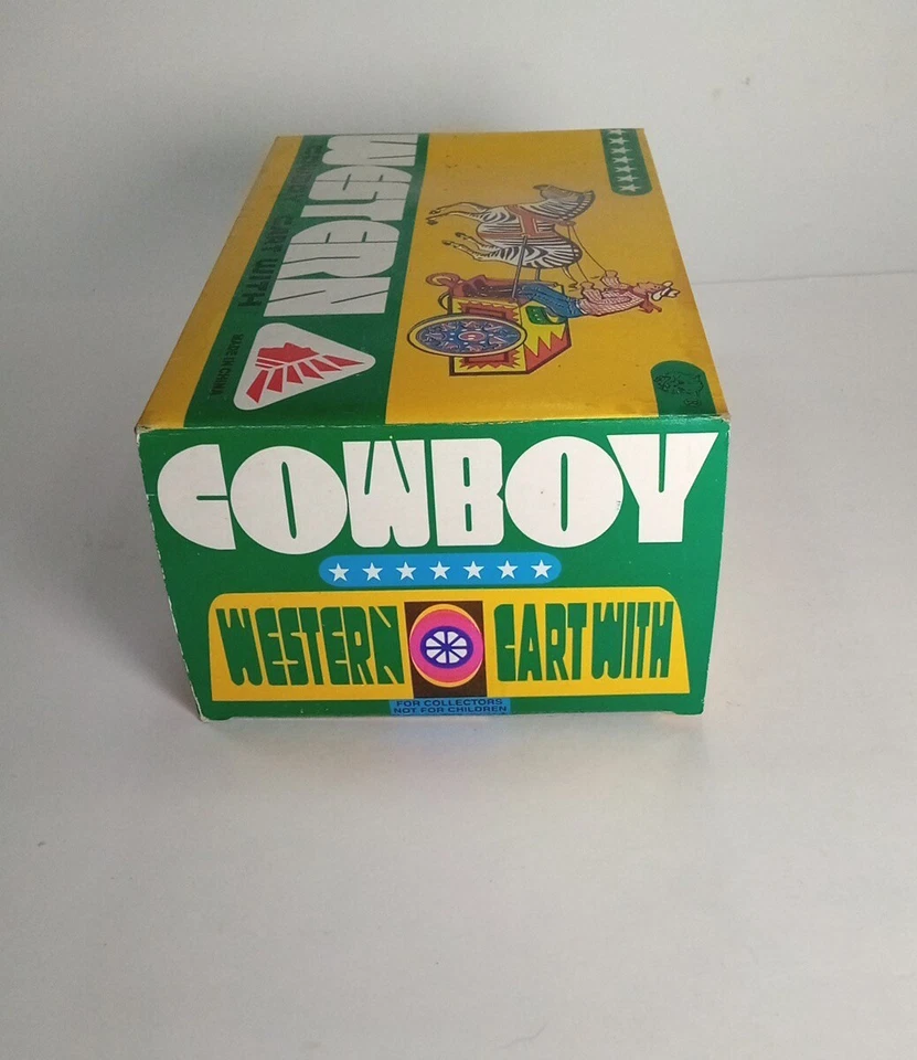 Новая из старых запасов винтажная оловянная литографская заводная игрушка ковбойский вестерн на тележке, натянутая зеброй - Изображение 2 из 4