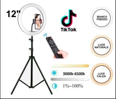 Luce Anello LED Professionale Dimmerabile 12” Con Treppiede – Illuminazione Per Foto, Video E Live Streaming (TikTok/YouTube)