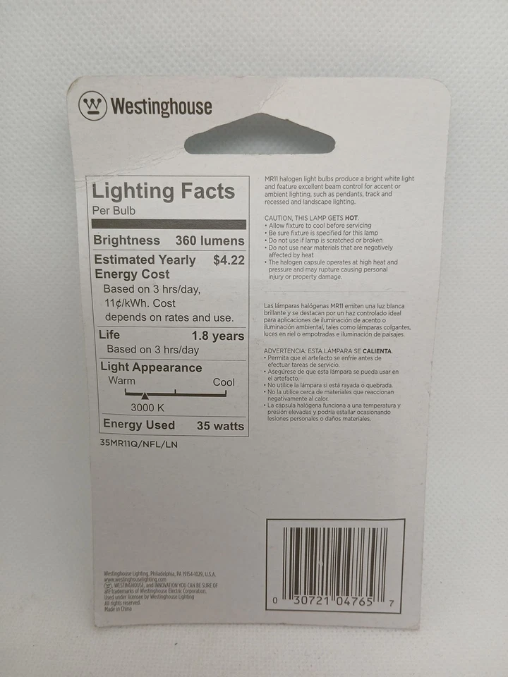 WESTINGHOUSE 35W / 12V MR11 LENSED NARROW FLOOD BULB, GU4 BASE, 04765 - Image 2 of 4