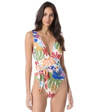 Vince Camuto Women's Printed Belted Plunge One-Piece Swimsuit - Multi size 14