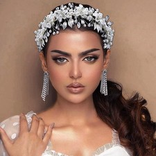 Pearl Headband For Women White Bridal Crystal Rhinestone Floral Hairband