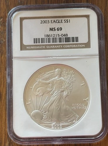 2003 Silver Eagle S$1 MS69 Brown Label NGC MS 69