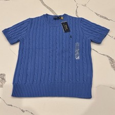 Polo Ralph Lauren Women  s Sweater Cable Knit Short Sleeve Logo Blue Sz L NWT