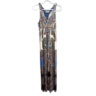 boston proper boho dresses Womens Multicolor Maxi Dress M Pullover Beaded Paisley Slinky the Cold Shoulder Ruffle