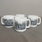 VTG Glasbake Currier & Ives Milk Glass Set Of 4 Coffee/Tea Mugs