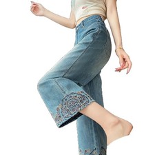 Women's High Waisted Jeans Embroidery Straight Baggy Denim Pants Loose Trousers