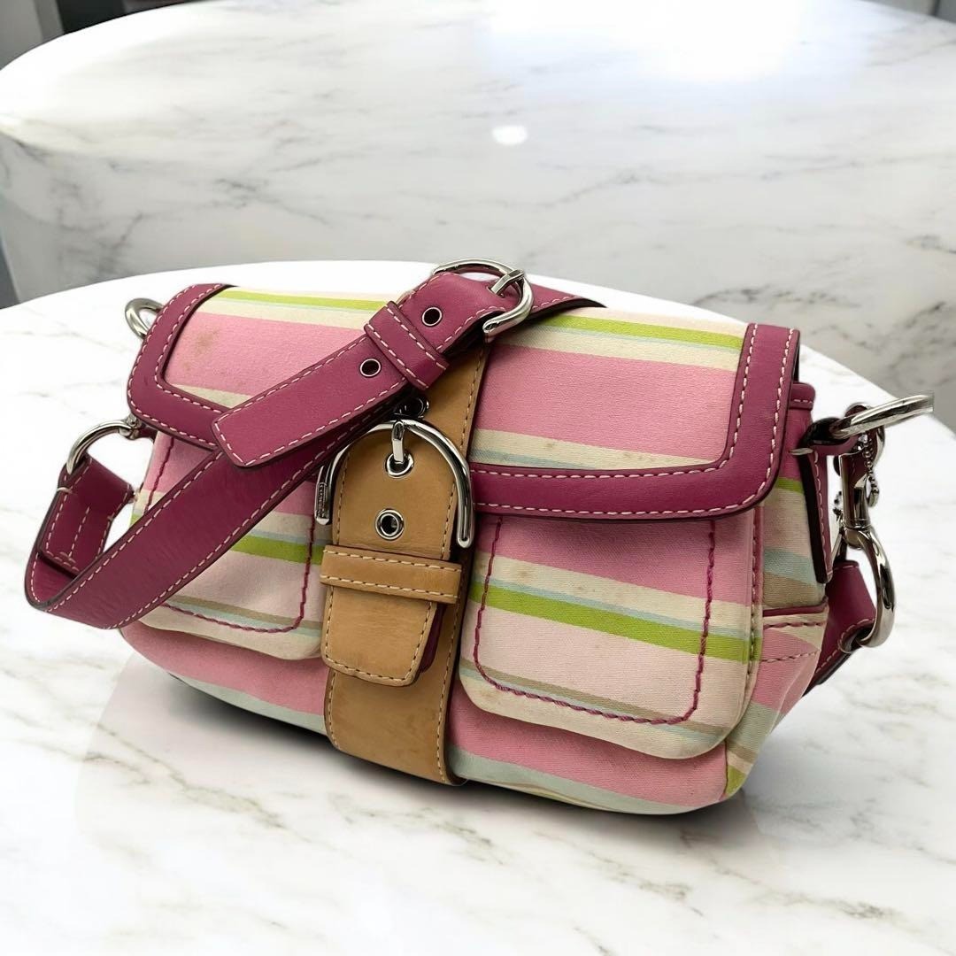 Coach Pink Stripe Canvas Leather Flap Crossbody Shoulder Bag  