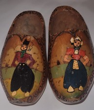 Pair of Vintage Dutch Wooden Clogs, Hand-Painted, Folk Art Portraits