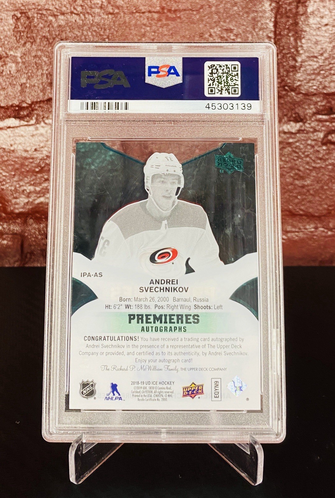 2018-19 UD Ice Andrei Svechnikov Premieres Rookie Auto /99 PSA 10 RC view 3