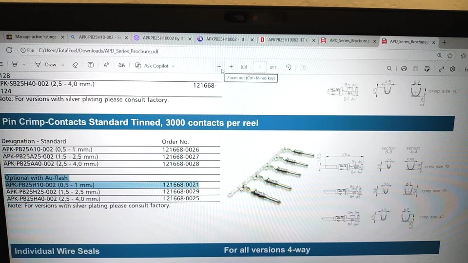 96 PIEZAS CORTE GRIFO ITT CAÑÓN APK-PB25H10-002 Pin Contacto Tamaño 2,5 mm Crimpado Dorado Foto 4 de 4