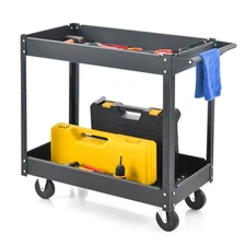 2-Tier Utility Cart Metal Service Cart Rolling Tool Storage Organizer w/ Handle