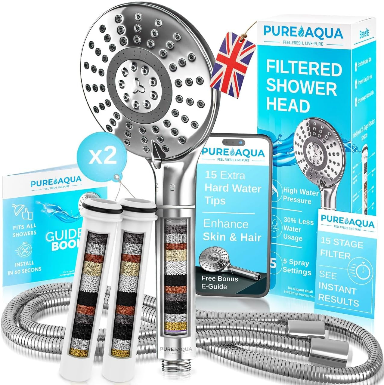 PUREAQUA 15 Stage Shower Head Filter | Shower Filter X2 | Hard Water Showerhead