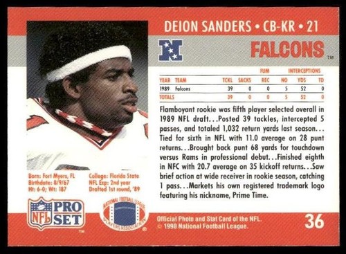 1990 Pro Set #36 Deion Sanders - Picture 2 of 2