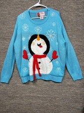 Merry Christmas Sweater Womens XL Blue Snowman Graphic Ugly Knit Pullover