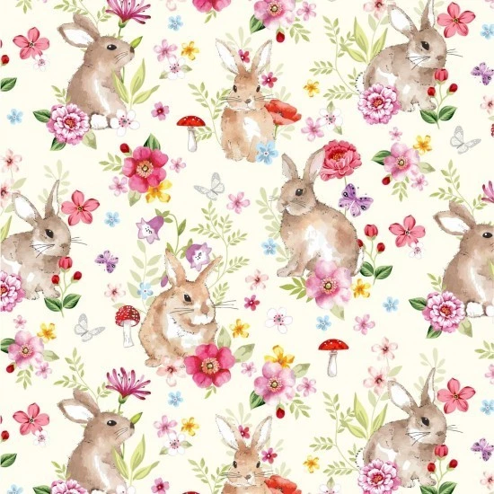 Spring Fields Fabric 100% Cotton 112cm wide Nutex 81710 101 Rabbits