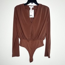 New H M Womens Brown Long Sleeve V-Neck Bodysuit Size XS NWT