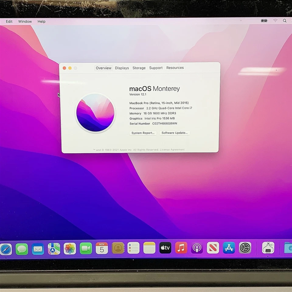 Apple MacBook Pro 11,4 A1398 2015 i7 4770HQ 2.2GHZ 15" 16GB 256GB OSX Monterey - Image 2 of 4