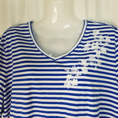 Nautical Stripe  Embroidered Floral Design Women's Top Comfort Style Size 1X