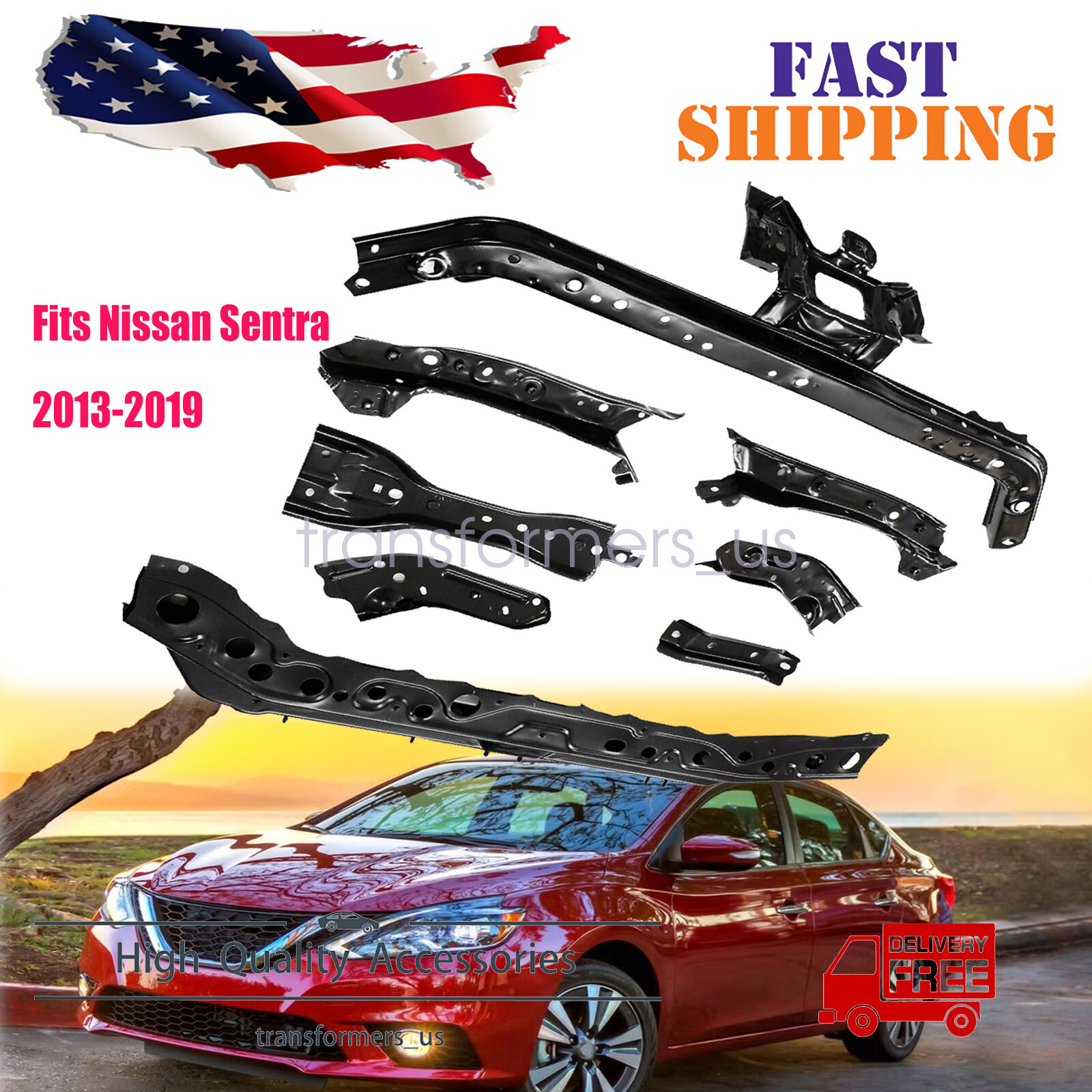 Fits 2013-2019 Nissan Sentra Front Support Radiator Brackets Kit Set Steel 8pcs