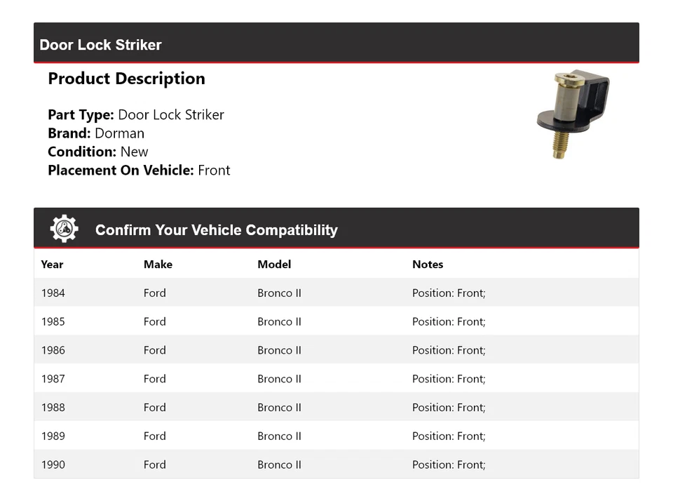 For 1984-1990 Ford Bronco II Dorman Door Lock Striker Front 1985 1986 1987 1988 - Image 2 of 4