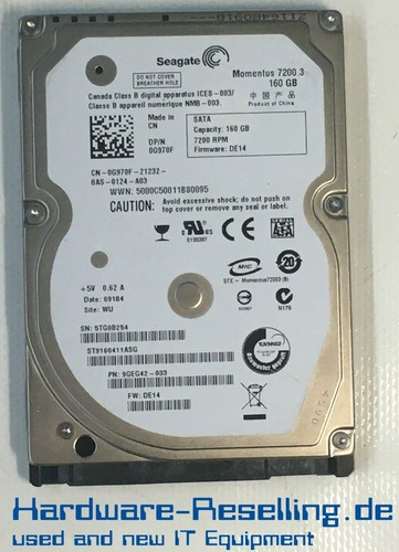 SEAGATE 160GB ST9160411ASG 9GEG42-033 CN-0G970F-21232 0G70F 2,5 ZOLL SATA