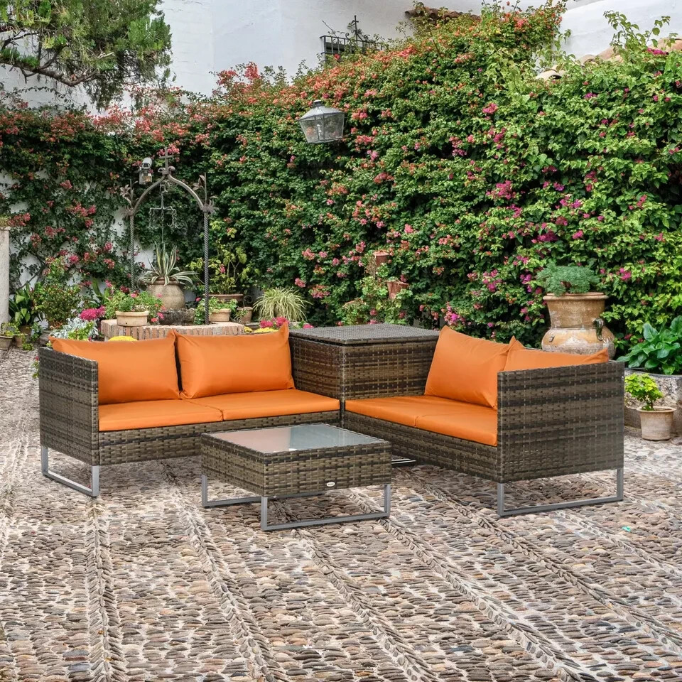 4 Piece Rattan Garden Furniture Set with Corner Sofa Loveseat Table Cushions **