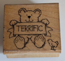 Wood/Rubber Stamp "Terrific" Banner held by Teddy Bear