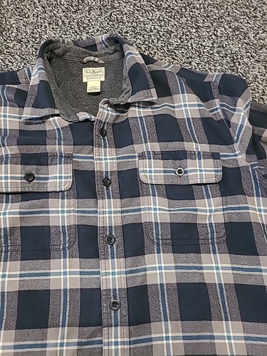 Camicia uomo LL Bean foderata in flanella con bottoni taglia XL blu shacket plaid 298189 - Foto 3 di 7