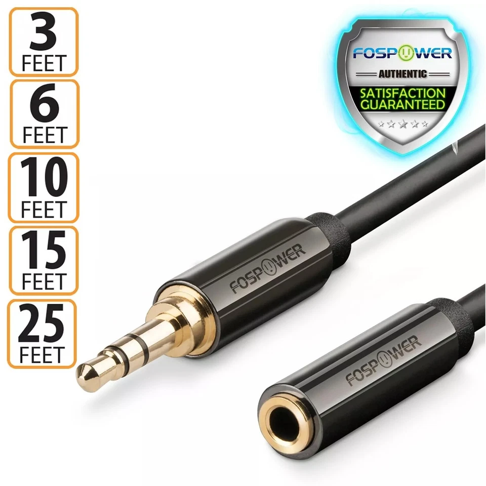 Cable de extensión de audio estéreo para auriculares FosPower 3 6 10 15 25 pies 3,5 mm macho hembra