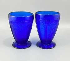 Vintage Jeanette Cobalt Blue Glass Cherry Blossom Footed Tumblers Set of 2