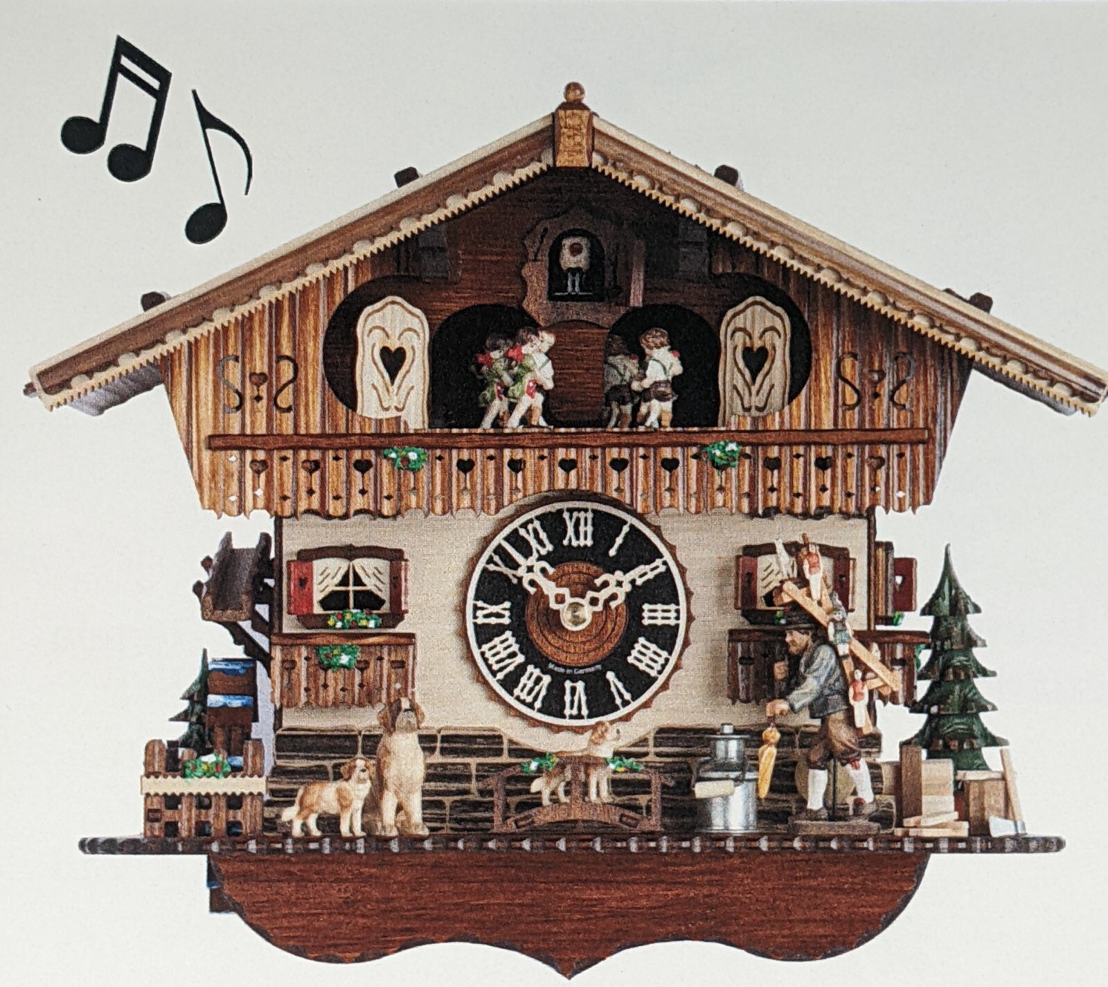 Hones 1 Day 11.5" Toy Peddler Musical Chalet Cuckoo Clock Germany Black Forest
