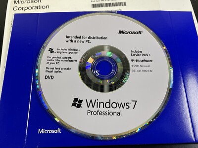 Microsoft Windows 7 Professional 64 SP1 Bit Full Version DVD W/ Product Key
