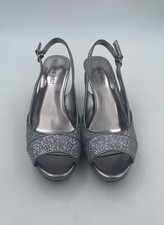 Nine West Size 7 M Glitter Sparkly Stiletto Peep Toe Sling Back Silver 3” Heels